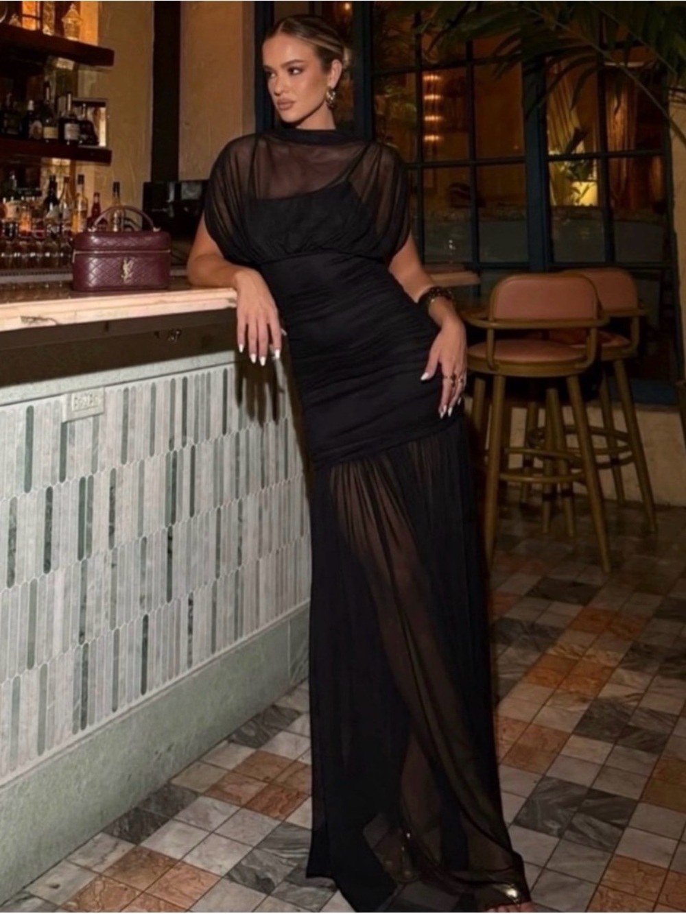 ZARA COMBINED DRAPED & RUCHED SIDE MiDI DRESS - Black - Picture 4 of 16